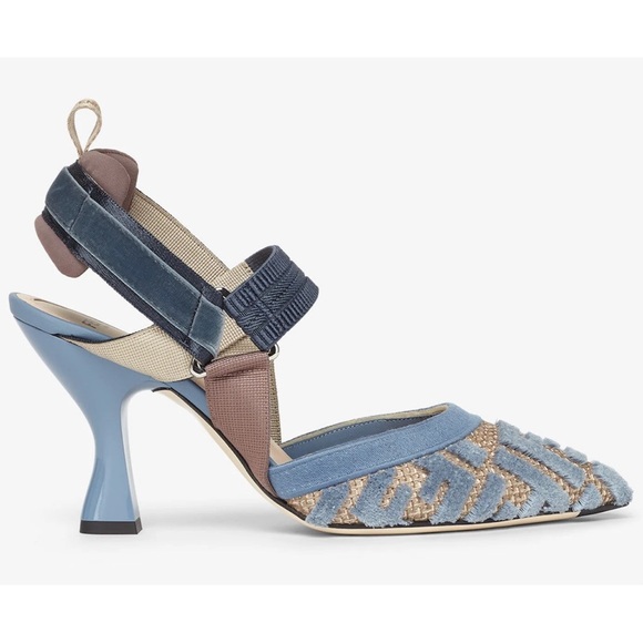 Fendi Colibri Lite 85 Blue Velvet Beige FF Logo Pointed Slingback Heel Pump 38.5 - Picture 1 of 14